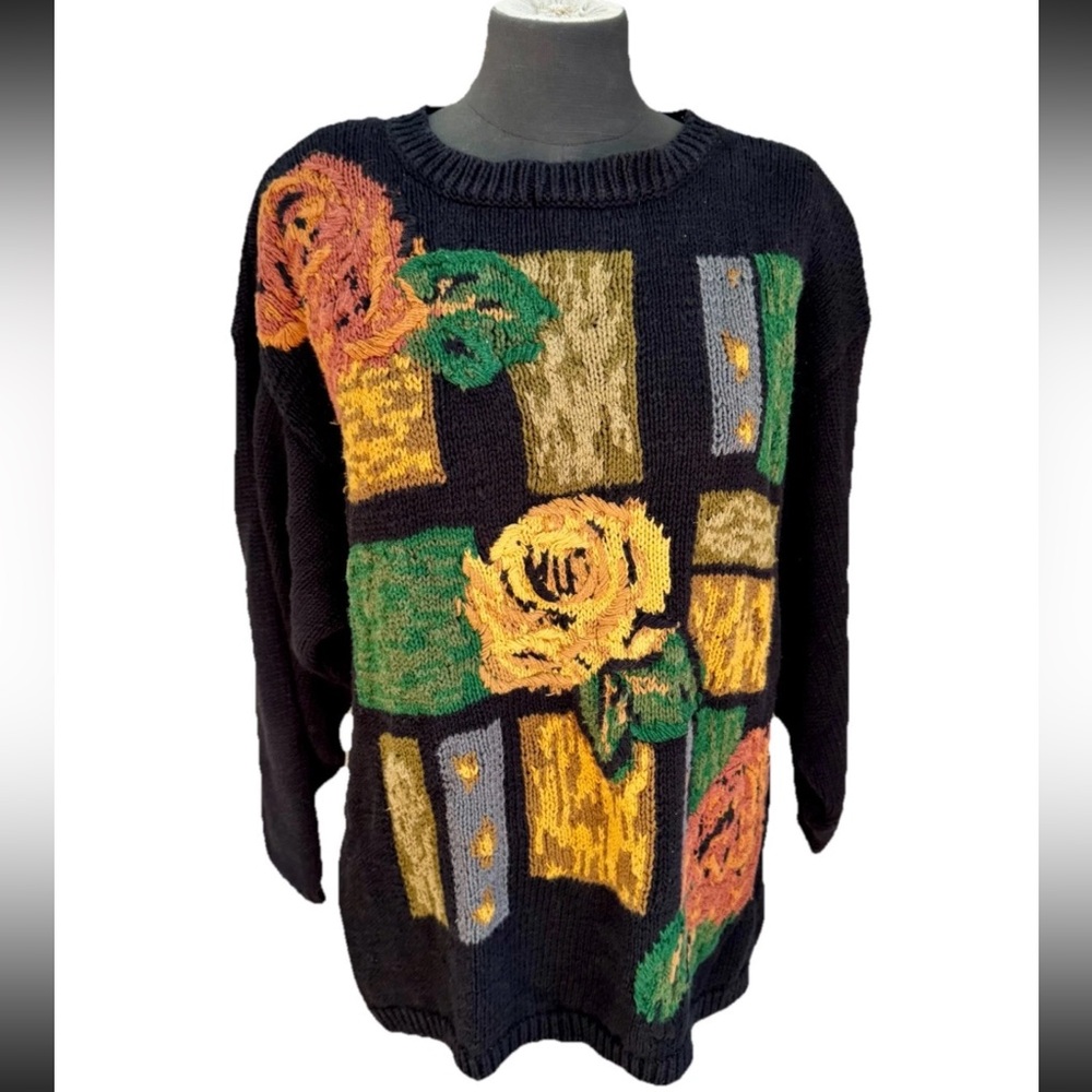 August Max Women black floral‎ embroidered pull over crew neck sweater SZ 1X Y2K